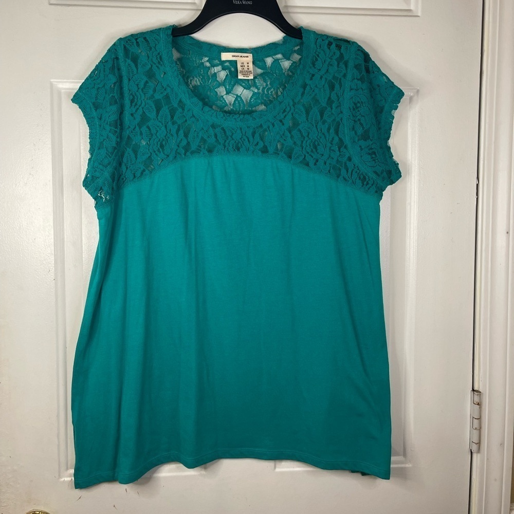 DKNY jeans lace turquoise short sleeve top.